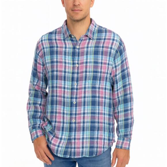 Tommy Bahama SZ L 100% Linen Romario Plaid Shirt Bering Blue $118 - Picture 1 of 7